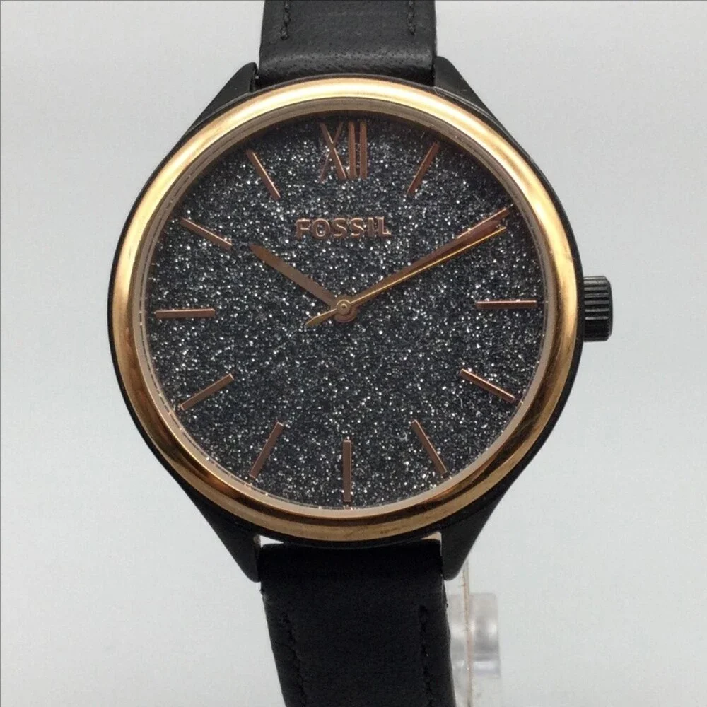 Fossil Womens Watch 36mm Gray Glitter Dial Black Leather BQ3117 New Battery